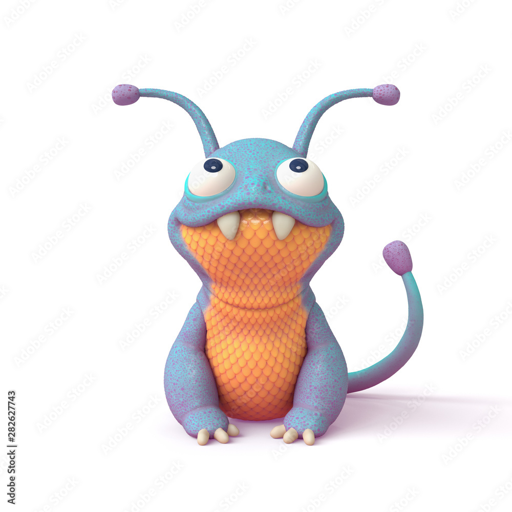 Fototapeta 3d illustration of a cute little cartoon blue monster with a yellow belly sitting on white background. Concept art character of smiling frog mutant. Alien creature. Funny monster dragon with big teeth