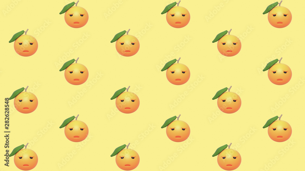 3d digital illustration of seamless pattern with oranges on yellow background. Cute sad orange smiley face. Healthy food funny Emoji Mandarin. Fresh ripe grapefruit with leaf. Bright citrus wallpaper.