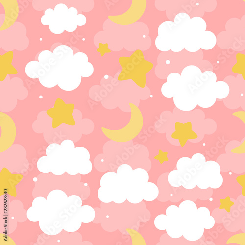 Cloud Cute Seamless Pattern Background with star moon and shiny dot, Vector illustration