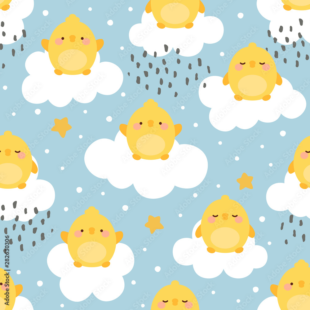 chick seamless pattern background, chicken easter pattern with cloud heart and star