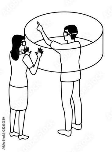 virtual reality technology experience cartoon in black and white
