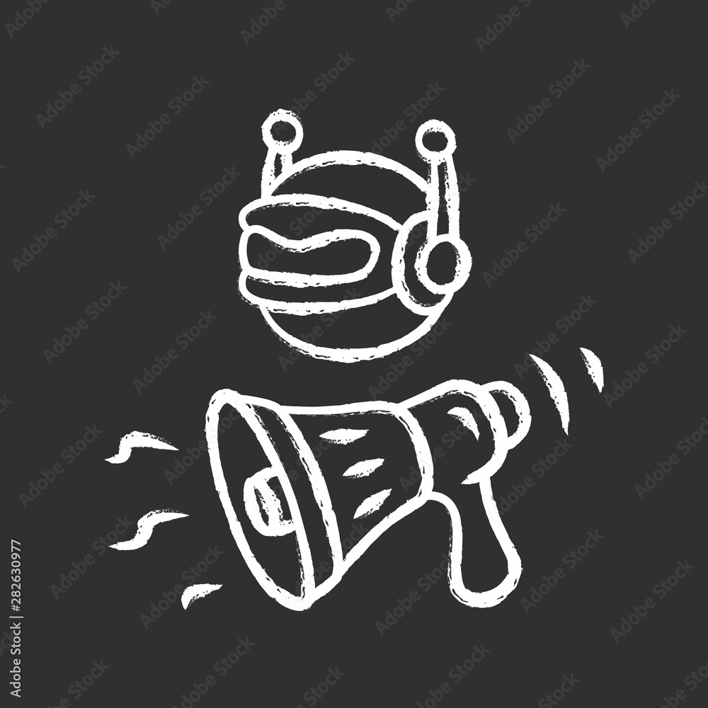 Propaganda bot chalk icon. Spam attack. Marketing campaign. Robot spread disinformation. Artificial intelligence. Automated propaganda. Social media bot. Isolated vector chalkboard illustration