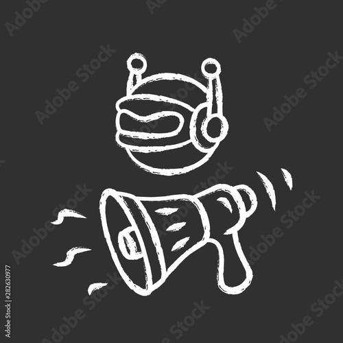 Propaganda bot chalk icon. Spam attack. Marketing campaign. Robot spread disinformation. Artificial intelligence. Automated propaganda. Social media bot. Isolated vector chalkboard illustration
