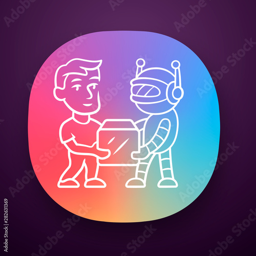 Transactional bot app icon. Artificial intelligence. Partner bot. Man and robot holding box. Robotic delivery service. UI/UX user interface. Web or mobile application. Vector isolated illustration