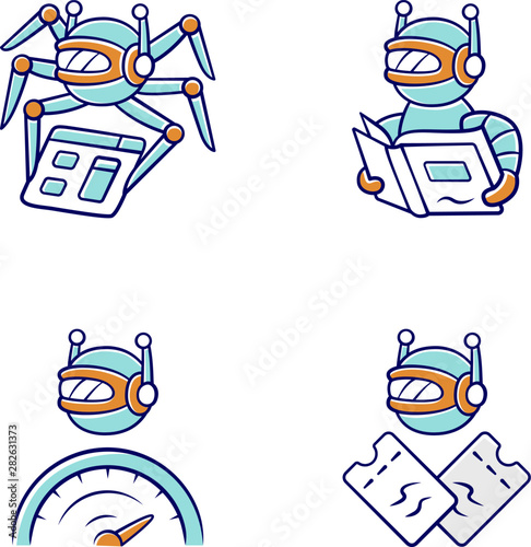 Internet bots color icons set. Crawler, text-reading, optimizer, scalper robot. Artificial intelligence. AI. Software app. Virtual assistant. Computer operation. Isolated vector illustrations