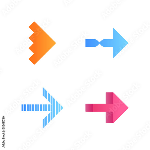 Rightward arrows flat design long shadow color icons set. Twisted, notched, striped next, forward arrows. Navigation pointer sign. Motion signpost. Pointing symbol. Vector silhouette illustrations