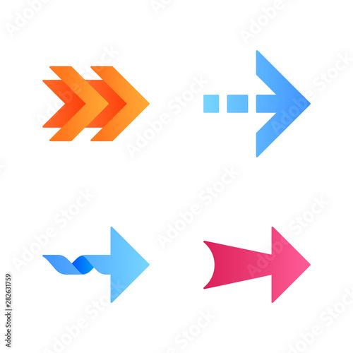 Arrows flat design long shadow color icons set. Double, dotted, twisted, wide next arrows. Arrowhead showing right direction. Pointing symbol. Pointer, indicator. Vector silhouette illustrations