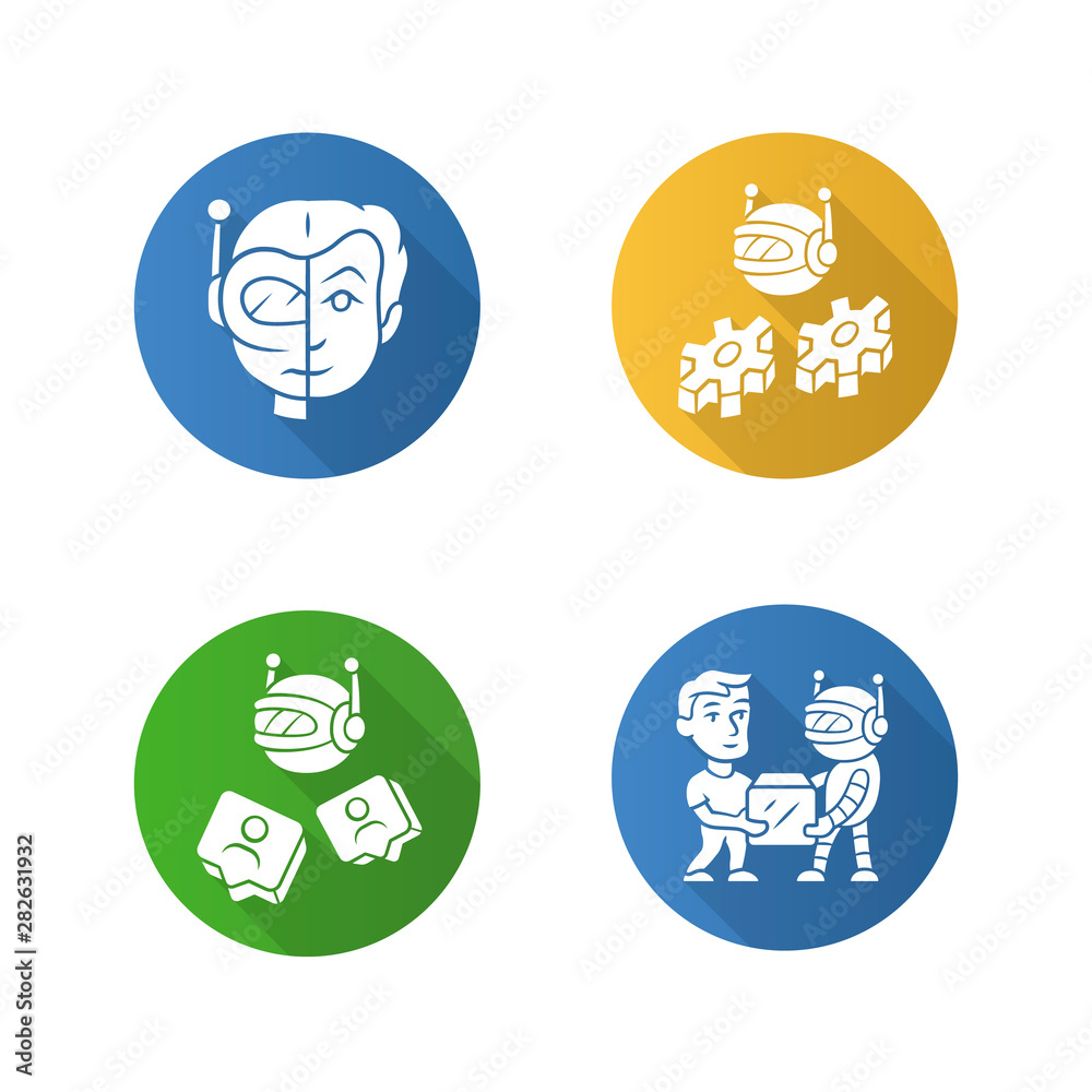 Software bot flat design long shadow glyph icons set. Socialbot, transactional, impersonator robots. Software program. Artificial intelligence. Cyborgs, futuristic AI. Vector silhouette illustration