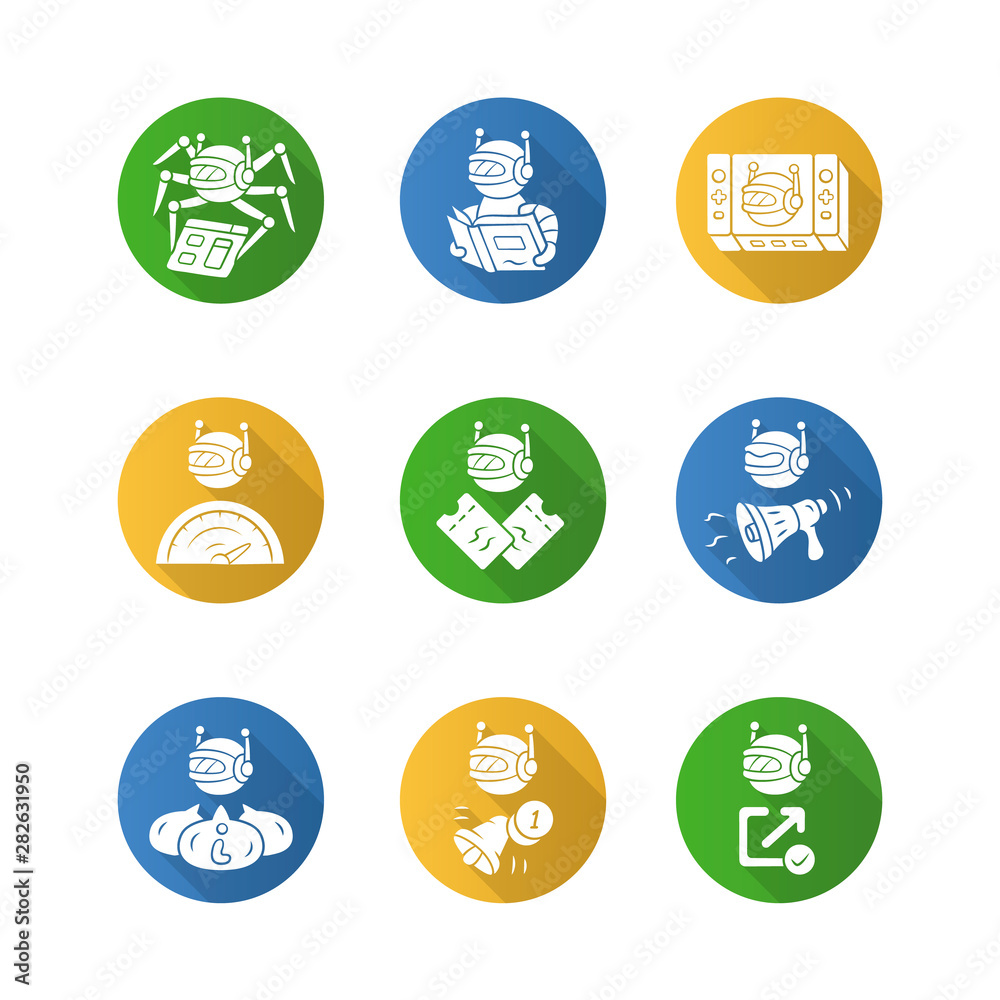 Web robots flat design long shadow glyph icons set. Crawler, text-reading, backlink checker, informational bot. Proactive, optimizer robot. Artificial intelligence. Vector silhouette illustration