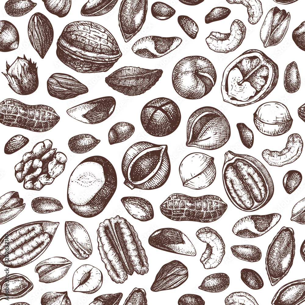 Vector nuts seamless pattern. Hand drawn pecan, macadamia, pine nuts, walnut, almond, pistachio, chestnut, peanut, brazil nut, hazelnut, coconut and cashew. Healthy food ibackground. Engraved style.