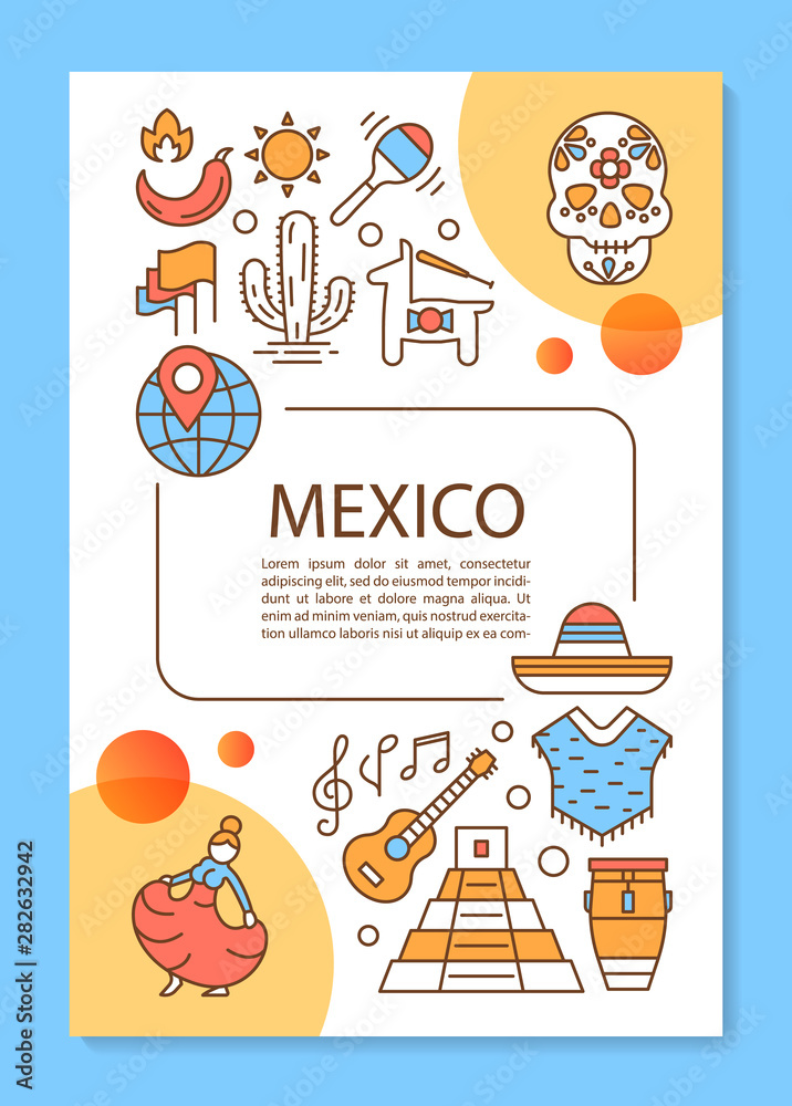 Mexico brochure template layout. Mexican travel agency flyer, booklet, leaflet print design with linear illustrations. Vector page layouts for magazines, annual reports, advertising posters