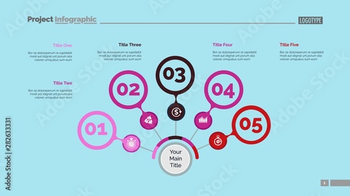 Five steps process chart slide template. Business data. Option, step, design. Creative concept for infographic, presentation, report. Can be used for topics like marketing, teamwork, research.