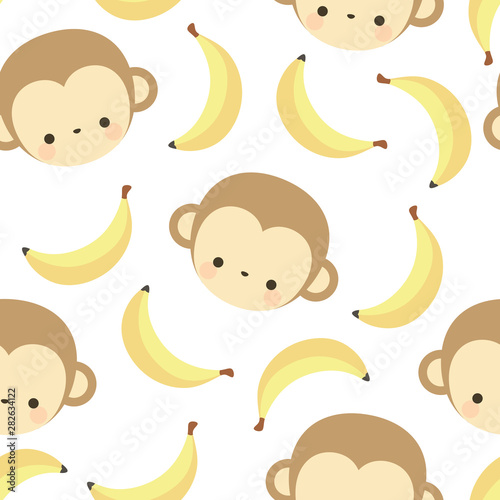 Monkey cute with banana seamless pattern, vector illustration background