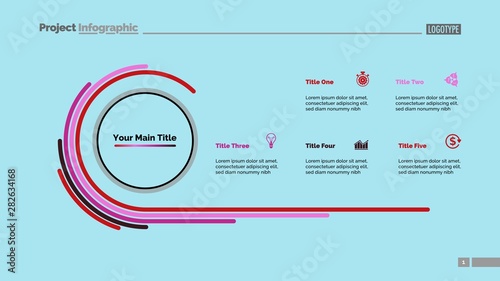 Doughnut chart slide template with five options. Business data. Diagram, comparison, design. Creative concept for infographic, presentation, report. For topics like progress, marketing, analysis