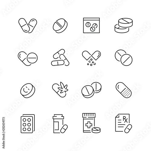 Pills related icons: thin vector icon set, black and white kit photo