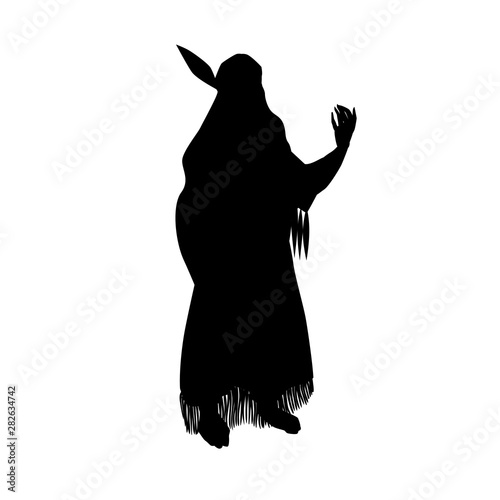 The Indian woman silhouette, black vector illustration Isolated on white background. The aboriginal of America in traditional suit.