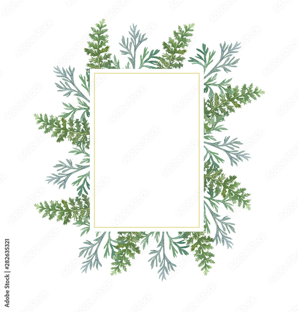 Watercolor botanical frame. Template for a wedding invitation. Tender spring flowers, greens, branches. Greeting card. Golden frame. Spring bouquet, garden greens. Rustic wedding.