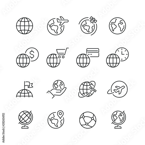 Globe related icons: thin vector icon set, black and white kit