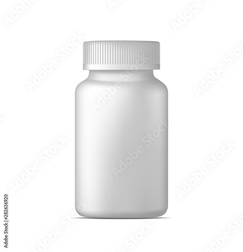Realistic vector pill bottle. White plastic medicine container for drugs. Sport, health and nutritional supplements. Mock up template.