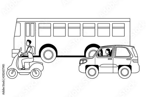 Vehicles and motorcycle with drivers riding in black and white