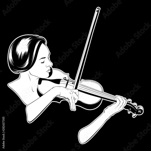 Vector hand drawn illustration of woman playing on the violin isolated.