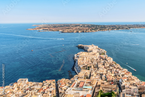 Coastline town Syracuse Sicily and old Ortigia island