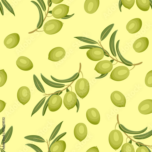Seamless pattern with green olives on yellow background. Vector illustration of food in flat style.