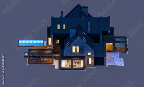 3d rendering of modern cozy clinker house on the ponds with garage and pool for sale or rent in night with cozy light from window. Isolated on gray