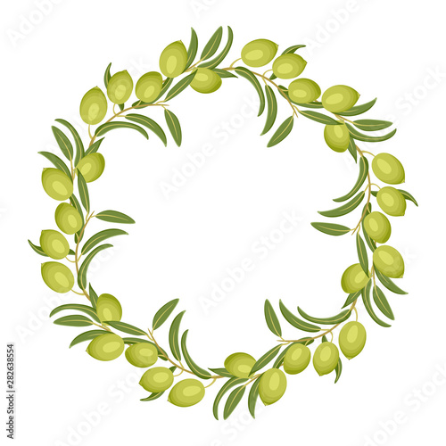 Olive wreath isolated on white background. Branches with green olives and leaves. Vector illustration in cartoon flat style. Round frame  border.