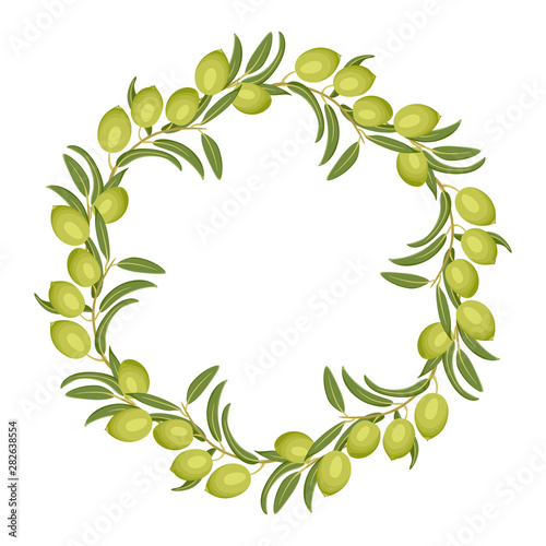 Olive wreath isolated on white background. Branches with green olives and leaves. Vector illustration in cartoon flat style. Round frame, border.