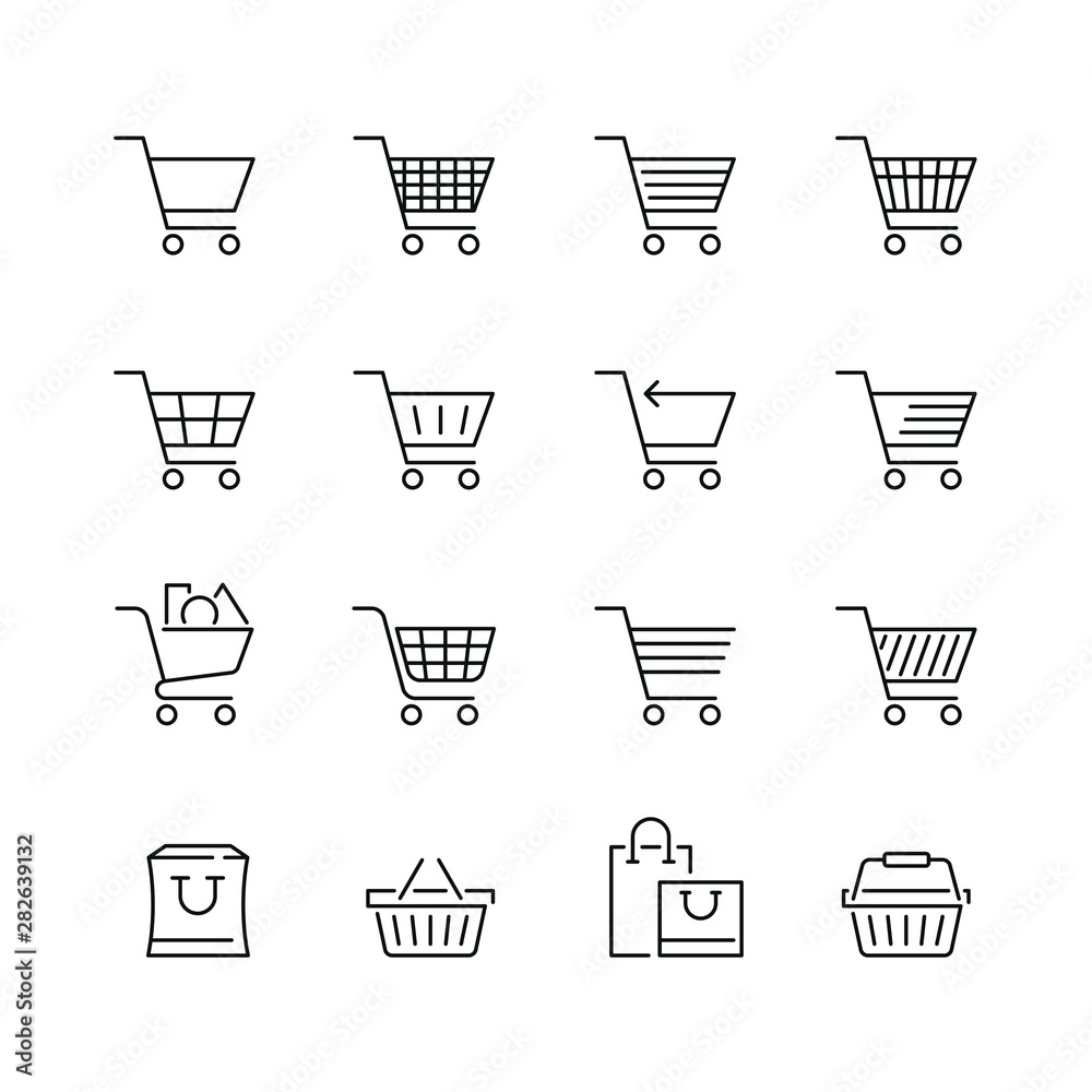 Shopping cart related icons: thin vector icon set, black and white kit
