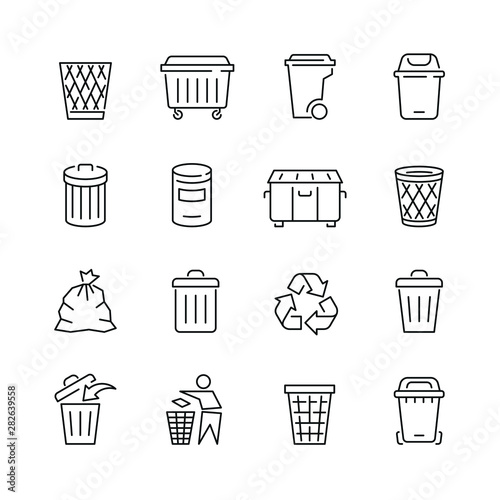 Trash can related icons: thin vector icon set, black and white kit Fototapet