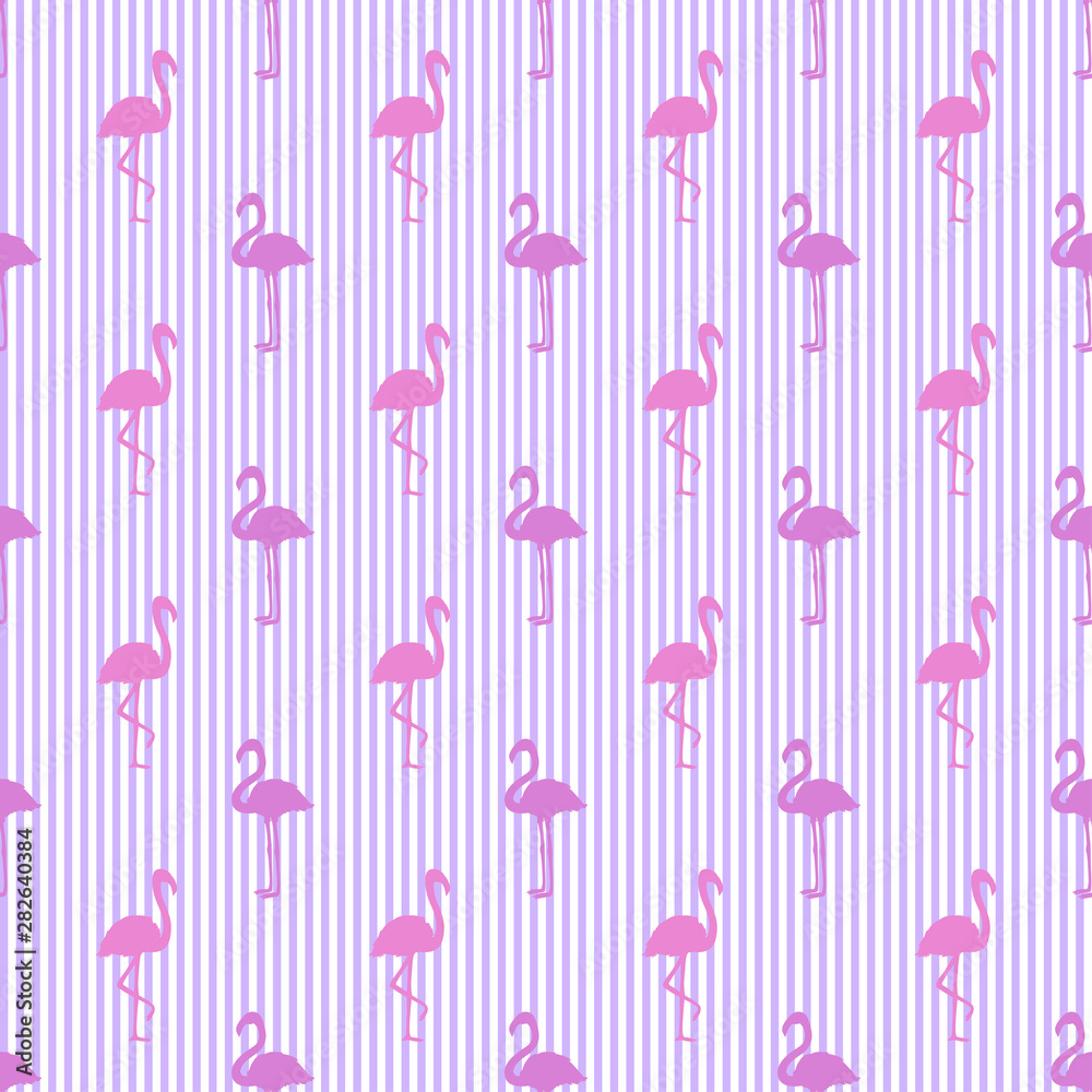 Seamless striped wallpaper with flamingos. Cartoon birds. Print for polygraphy, shirts and textiles. Abstract texture. Pattern for design. Colorful illustration