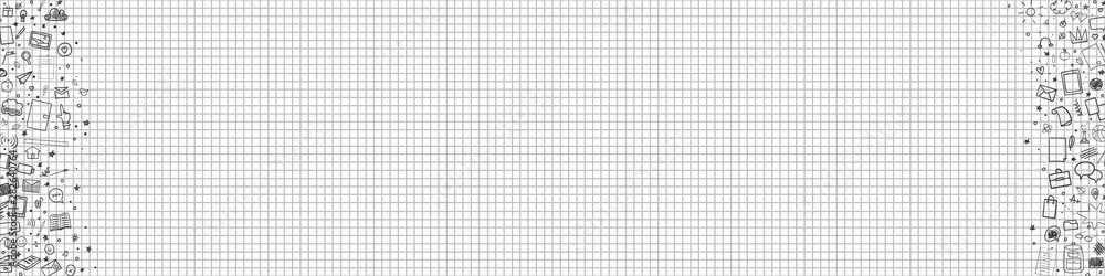 Abstract pattern with school supplies. Graphic paper background. Checkered texture. Back to school. Set of different signs. Hand drawn elements. Illustration for design Abstract pattern with school supplies. Graphic paper background. Checkered texture. Back to school. Set of different signs. Hand drawn elements. Illustration for design