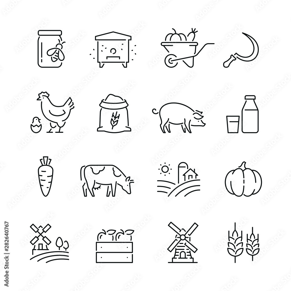 Farming and agriculture related icons: thin vector icon set, black and ...