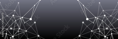 Black and grey abstract futuristic crypto blockchain illustration. White dots and shapes in triangles for website header or banner design