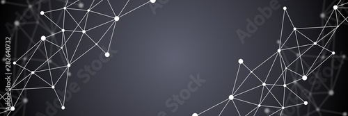 Black and grey abstract futuristic crypto blockchain illustration. White dots and shapes in triangles for website header or banner design
