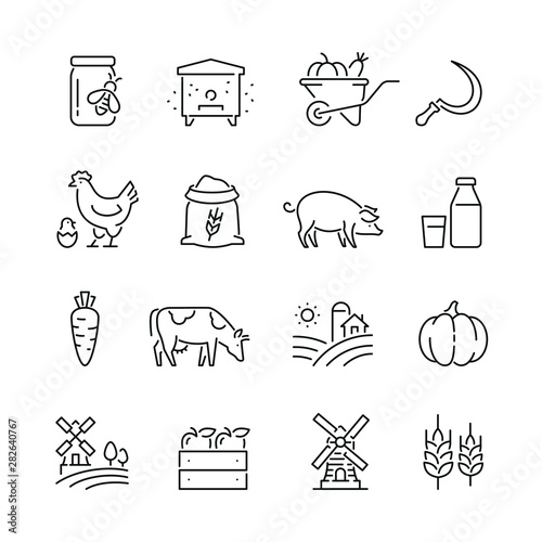 Farming and agriculture related icons: thin vector icon set, black and white kit