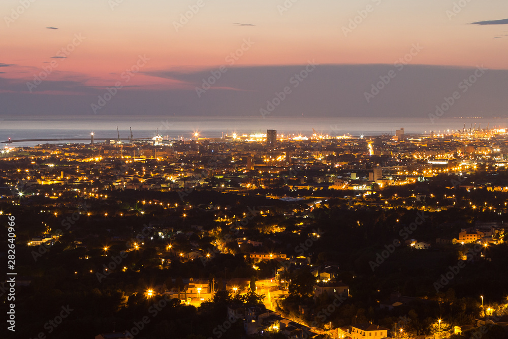 Aerial View of the city of Livorno in Tuscany at Dusk