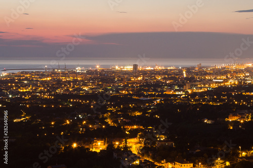 Aerial View of the city of Livorno in Tuscany at Dusk