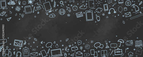 Back to school. Abstract blackboard. Sketchy background with hand drawn school supplies. Banner design. Education concept