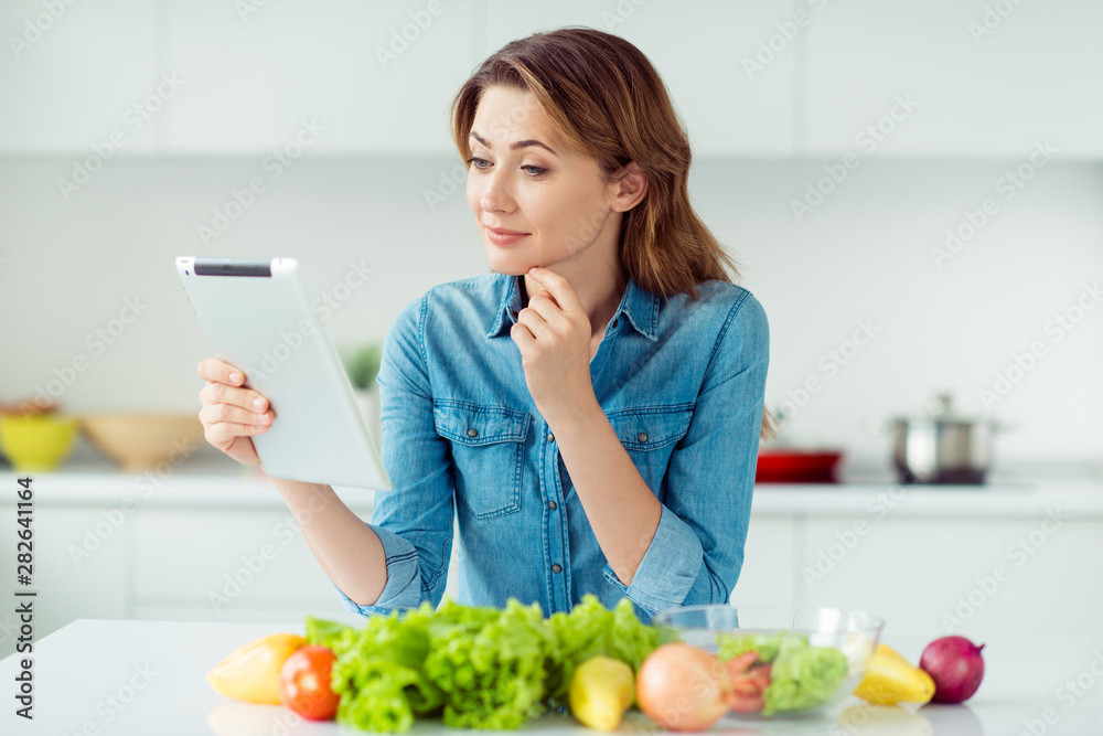 Portrait thoughtful beautiful concentrated lady wife house browse information use laptop rest modern technology tasty dish weightloss ponder touch chin long wavy hairdo casual denim shirt apartment