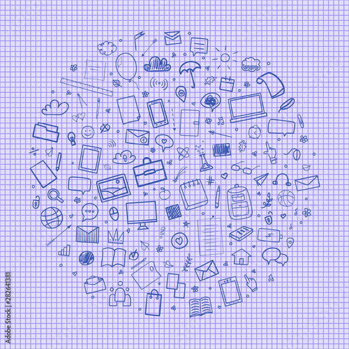 Abstract pattern with school supplies. Graphic paper background. Checkered texture. Back to school. Hand drawn elements. Education concept