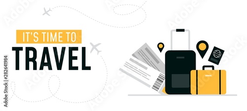 Its time to travel design banner vector illustration. Template with journey equipment flight tickets, yellow and black suitcases, passports and airplanes with location pin flat style. Tourism concept