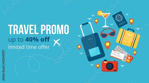 Travel promo banner vector illustration. Template with profitable proposition of discount up to 40 percent with limited time offer in flat style design. Tourism concept. Isolated on blue background