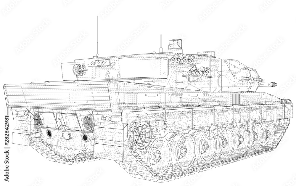 Army tank technical wire-frame. Vector illustration. Tracing illustration of 3d.