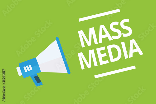 Handwriting text writing Mass Media. Concept meaning Group people making news to the public of what is happening Megaphone loudspeaker green background important message speaking loud photo