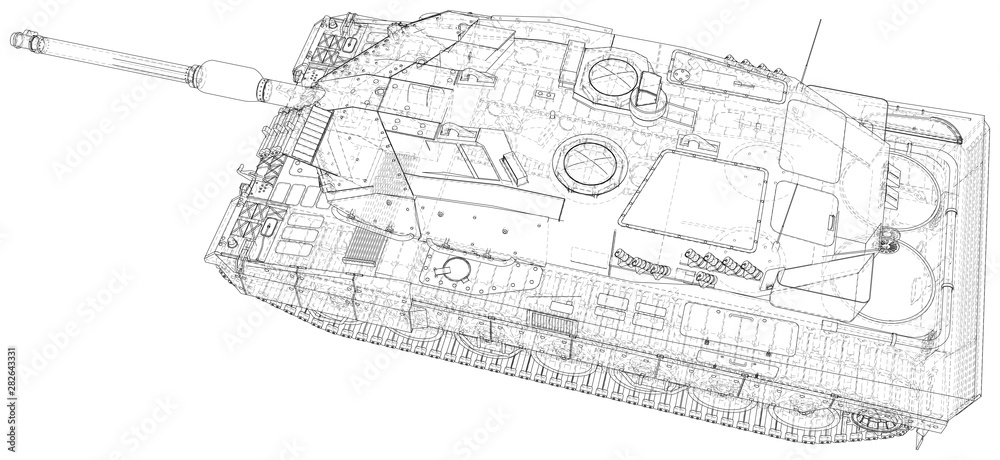 Obraz premium Army tank technical wire-frame. Vector illustration. Tracing illustration of 3d.