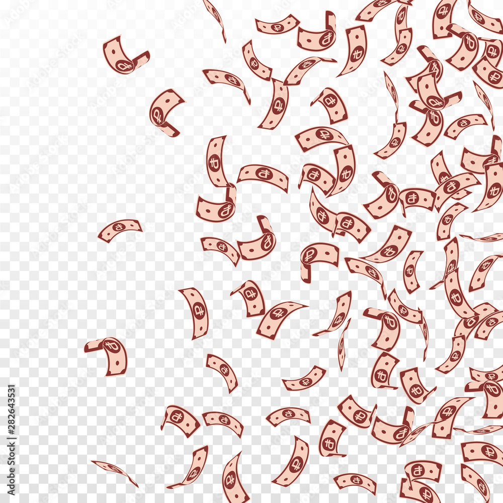 Russian ruble notes falling. Sparse RUB bills on t
