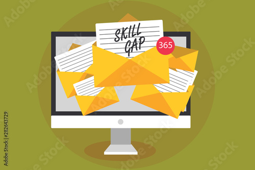 Conceptual hand writing showing Skill Gap. Business photo text Refering to a person's weakness or limitation of knowlege Computer receiving emails messages envelopes with papers virtual photo